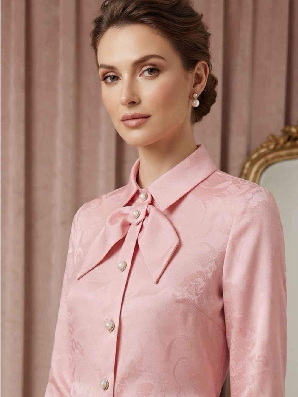 🍁🍁🍁🍁🍁Women's Pink Bow-Front Blouse with Pearl Buttons